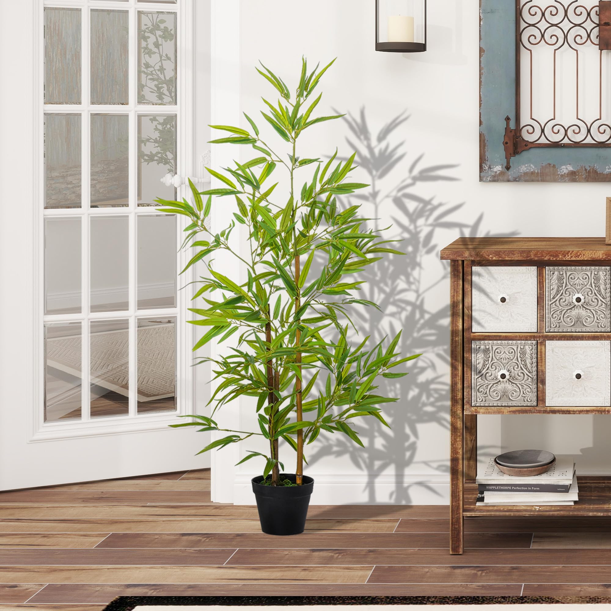 Outsunny Planta Artificial de Bambú 120 cm Árbol Artificial en Maceta Decorativa para Interior Hogar Salón Oficina Ø15,5x120 cm Verde