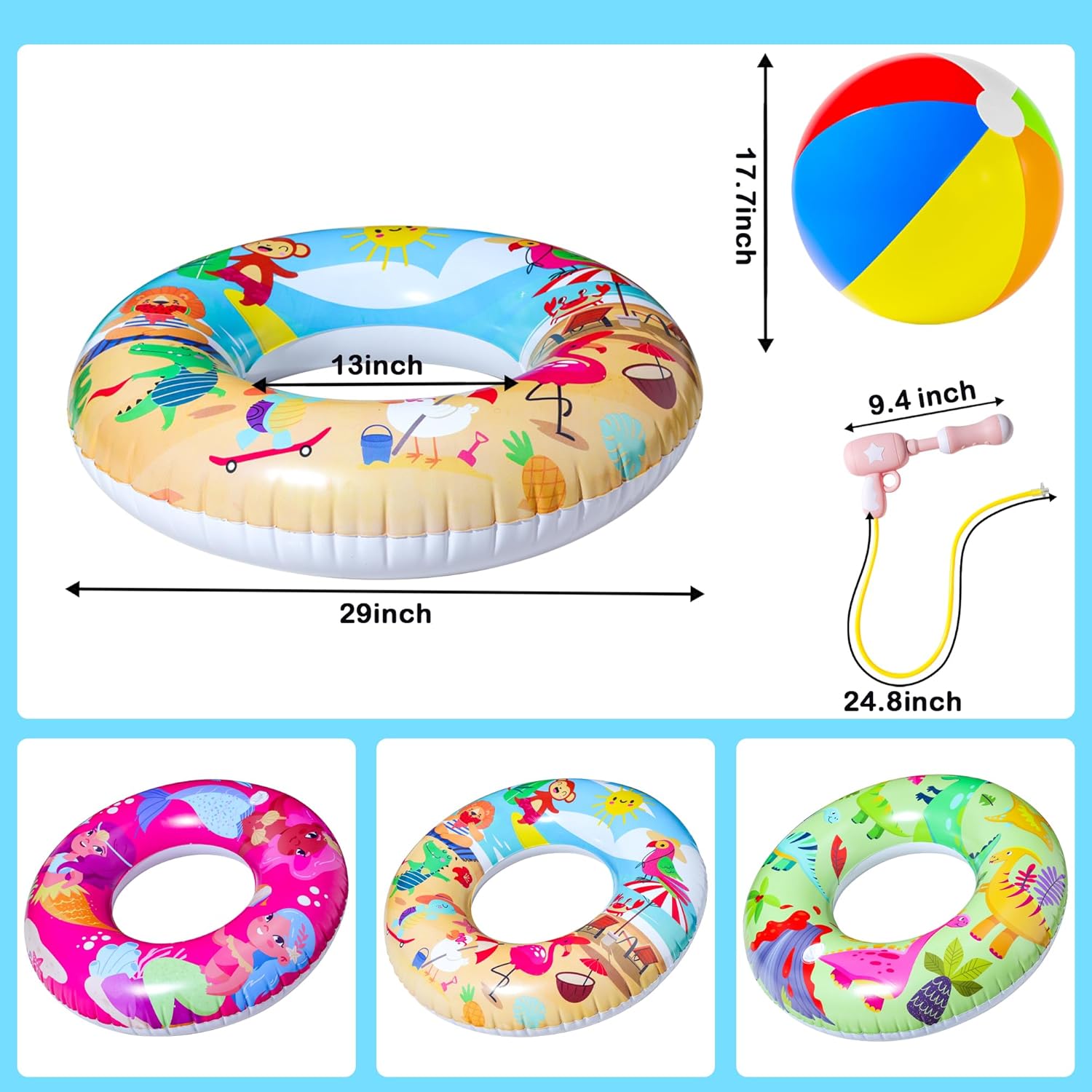 Pool Party Set - Parentswell Inflatable Pool Float Swimming Rings, Pool Tubes with Water Guns and Beach Ball, Pool Party Favors for Summer Pool and Beach Fun