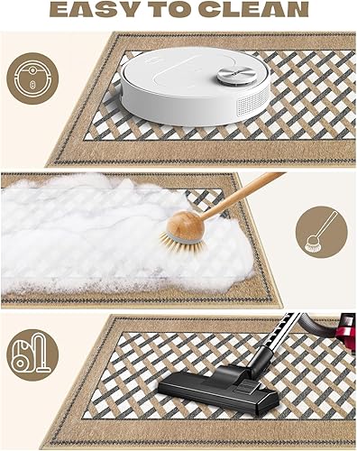 Miniatura 8 de Tapetes antideslizantes para suelo de cocina, lavable a máquina, a cuadros, lavables para una cocina elegante y cómoda (marrón a cuadros, 20