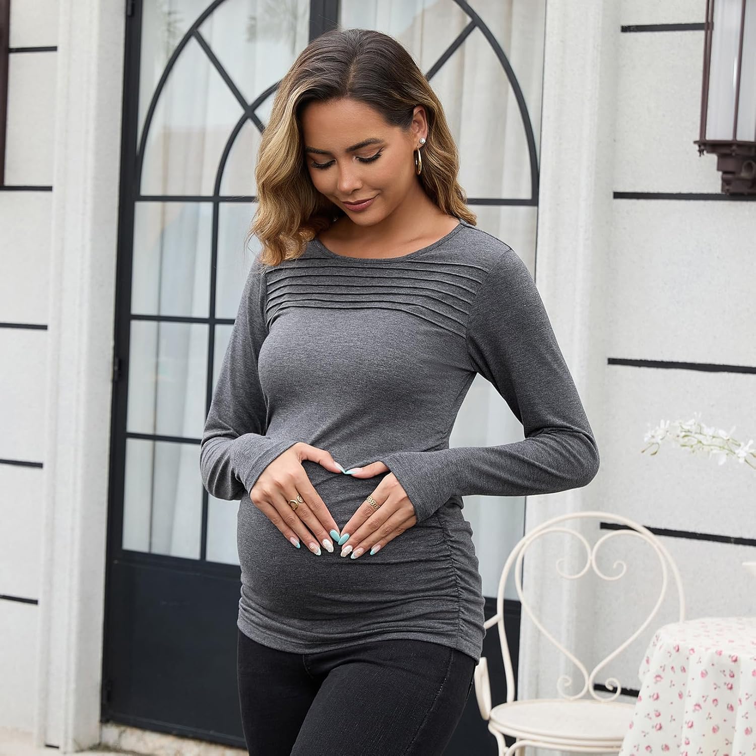 Maternity Long Sleeve Tops for Women Pleated Crewneck Pregnancy Shirts Dressy Work Blouses Trendy Basic Tunic - Image 3