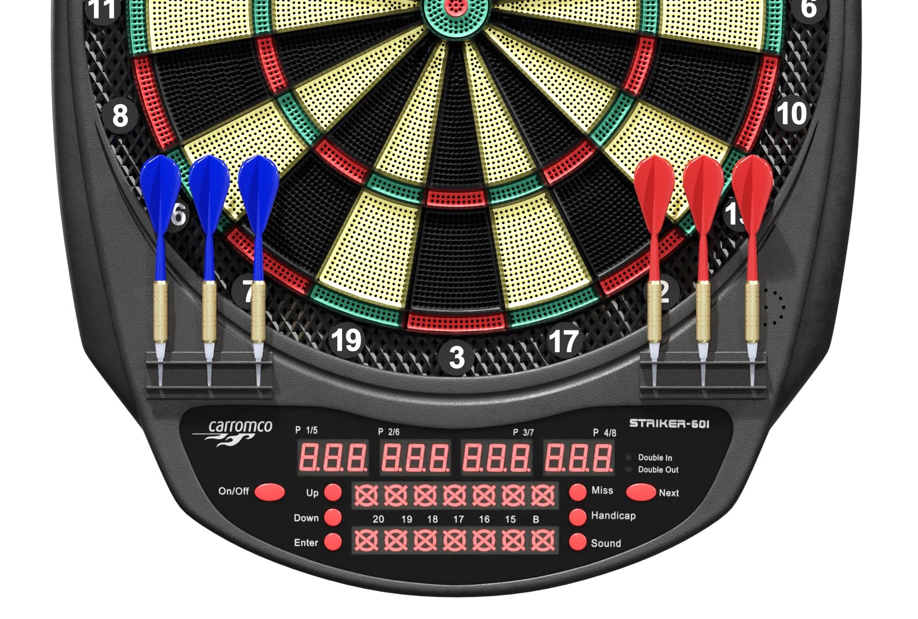Carromco STRIKER-601 E-Dartboard | 3-Loch Abstand | 1-8 Spieler | GIGANTISCHE VIELFALT: Elektronische Dartscheibe mit 36 Spielen & 585 Varianten incl Cricket. Komplett-Set inkl 6 Darts