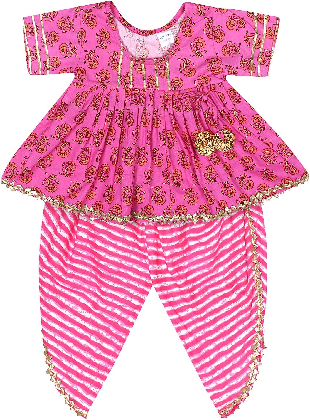 Baby Girls Jaipuri Print Frock Style Kurti with Frill Sleeves Salwar with Elastic Closure Ethnic Dress