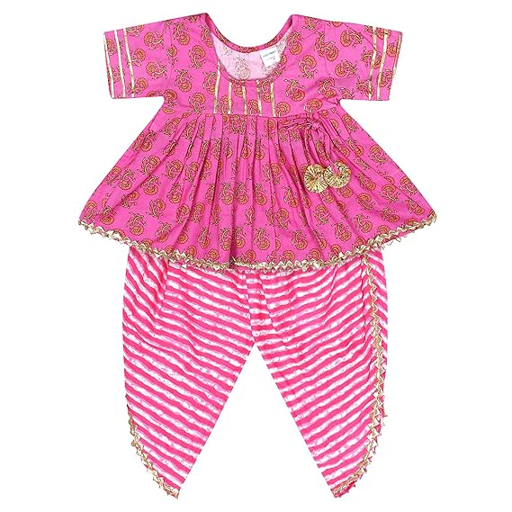 Superminis Baby Girls Jaipuri Print Frock Style Kurti with Frill Sleeves and Dhoti Style Salwar with Elastic Closure Ethnic Dress