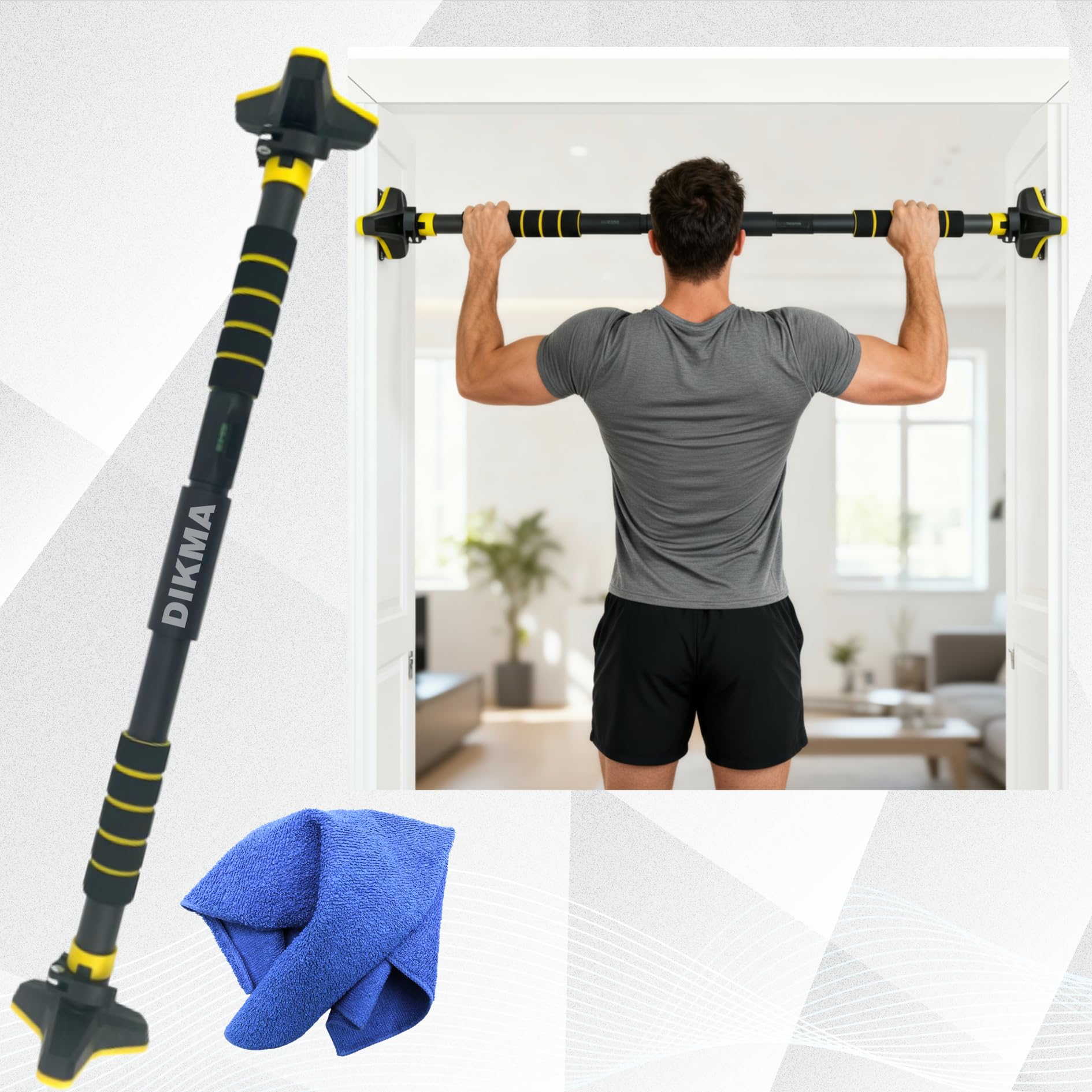 DIKMA Doorway Pull Up Bar Without Screws | Adjustable 72–104cm Chin Up Bar for Home Workout & Strength Training | Heavy Duty 200Kg Exercise Bar with Anti-Skid Grip | Gym Fitness Equipment for Men & Women + Free Microfiber Cloth