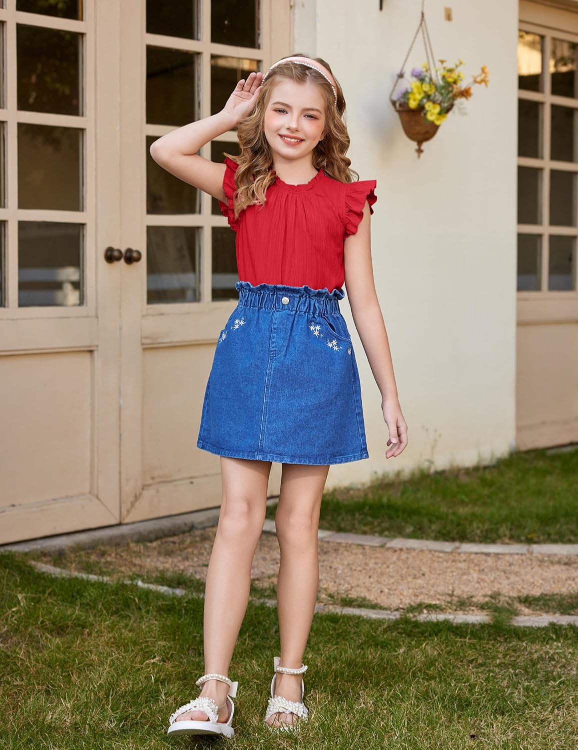 Arshiner Girls Ruffle Short Sleeve Shirts Cute Summer Frill Neck Pleated Textured Blouse Tops - Image 4