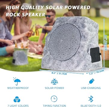 2-Pack Solar Powered Rock Speakers Outdoor Water-Resistant with 3 Mode Lights and Pair Function USB Rechargeable for Patio Garden Party Pool Outside(Two)