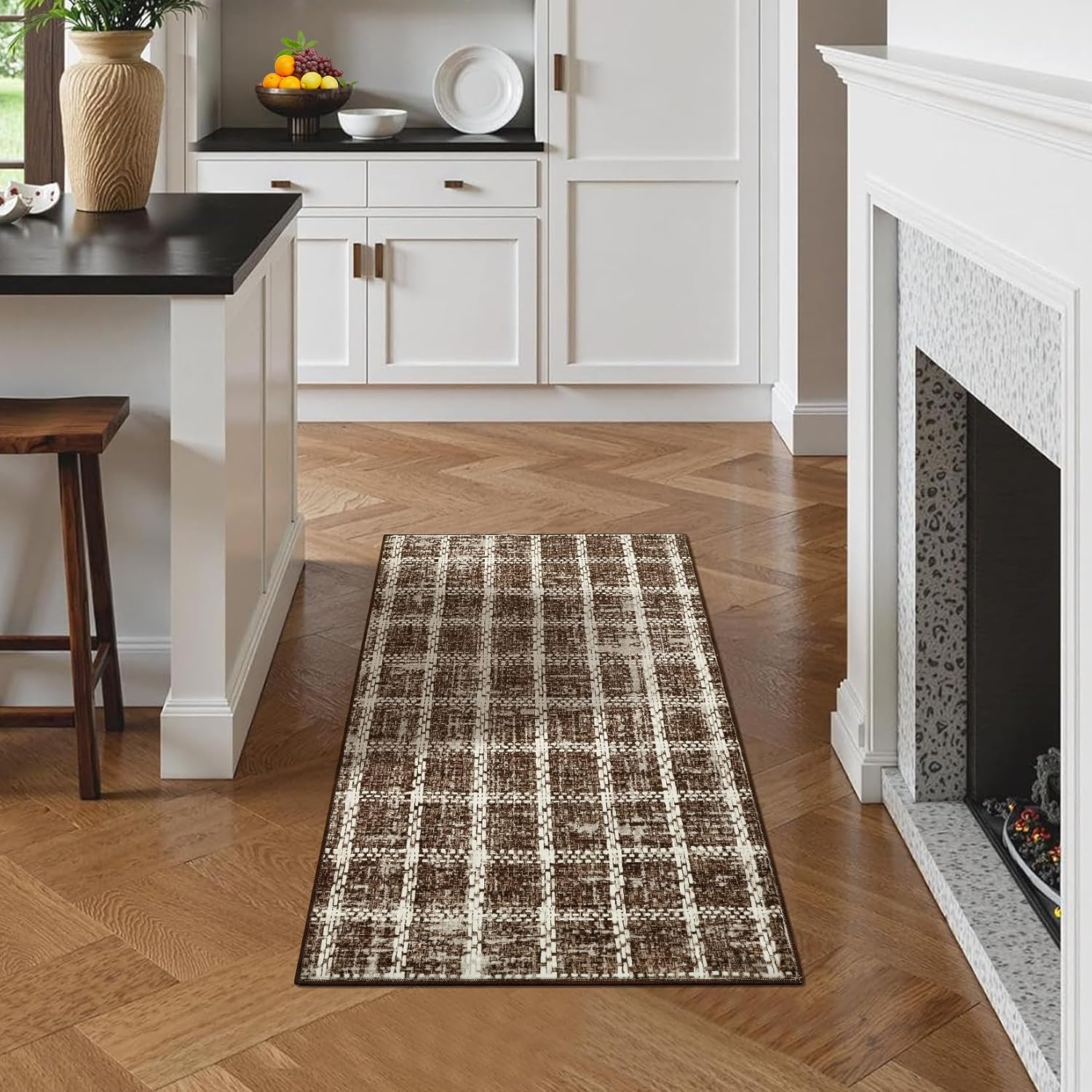 Door Mat Indoor Rugs for Entryway Checkered Small Rug 2x3 Washable Non-Slip Braided Geometric Print Soft Low-Pile Throw Carpet for Bedroom Kitchen Bathroom Entrance Tan Brown - Image 7
