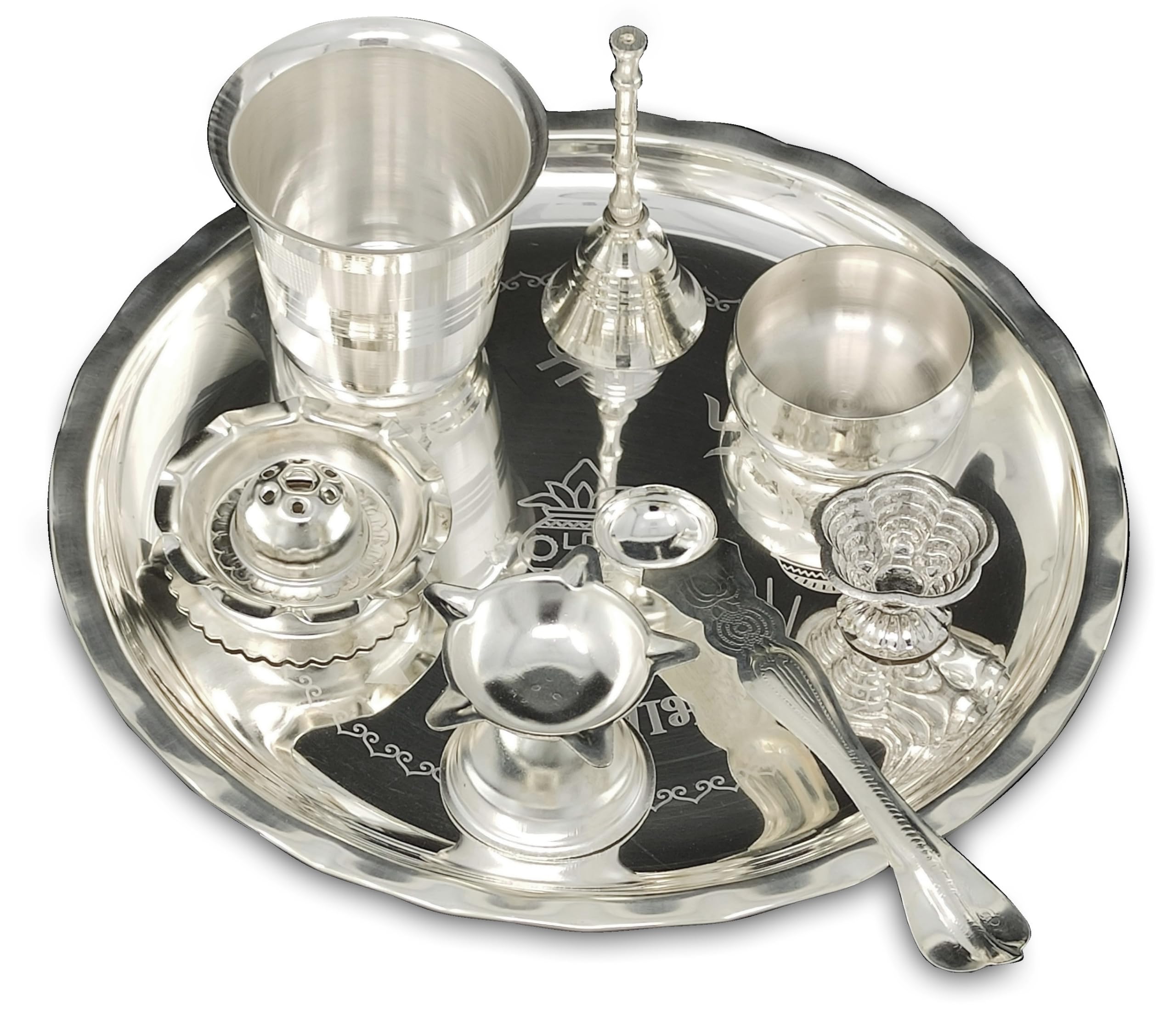 BENGALEN Silver Plated Pooja thali Set 8 Inch Plate Diya Dhup Dan Glass Ghanti Bowl Kumkum Stand Palli Daily Puja Thali for Diwali Home Mandir Office Wedding Return Festive Gift Items