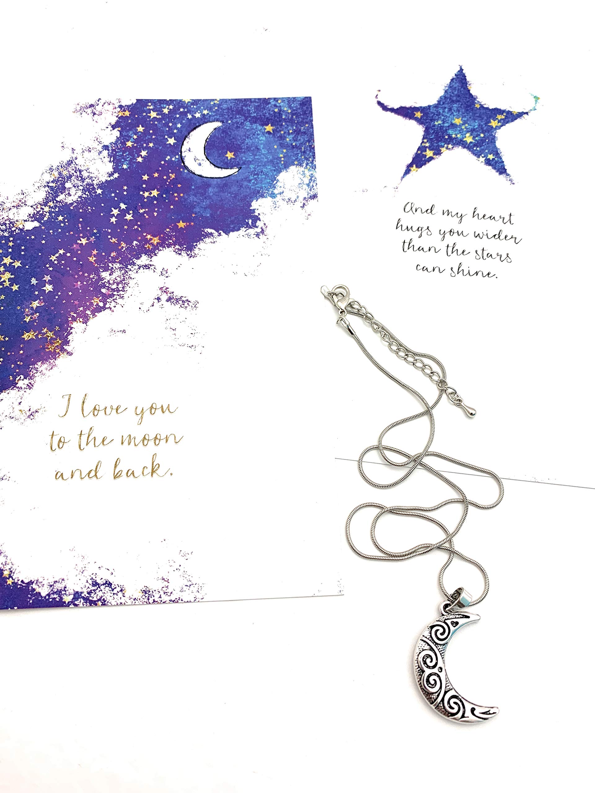 Smiling Wisdom - Celtic Crescent Moon Double Sided Pendant Necklace Jewelry Gift Set - I Love You to the Moon and Back Greeting Card - Christmas Valentine Birthday - Teenage Girl, Her Women Friend