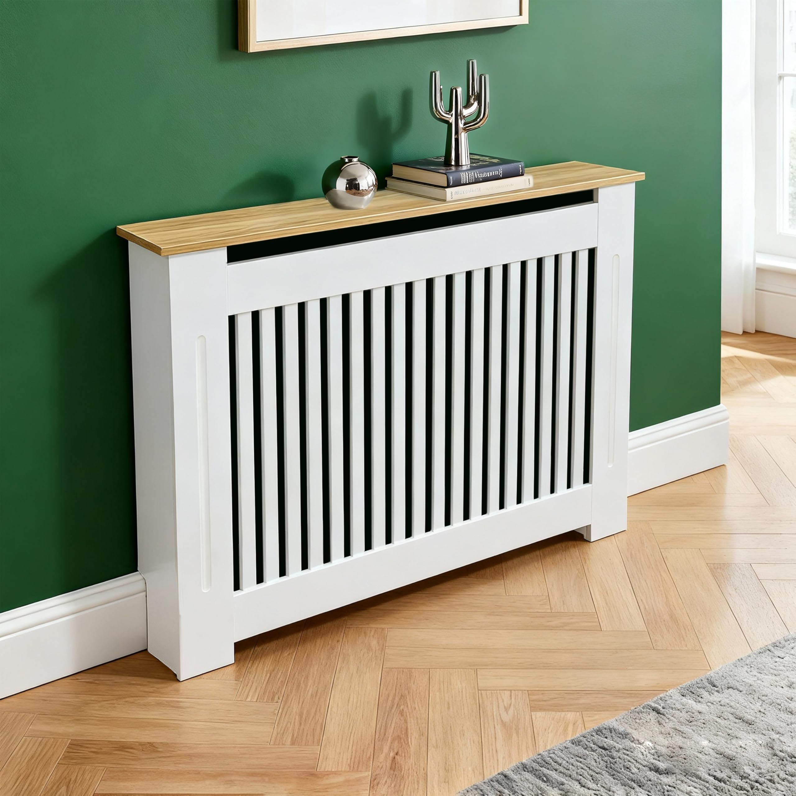 FATIVO Cubierta de Radiador Alta Blanca Moderna: 112x20x92.5cm Cubre Radiadores con Estante Superior de Madera MDF, Cubierta para Radiador Reforzada y Duradera para el Hogar u Oficina(Vertical)