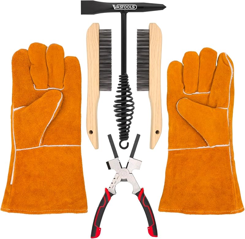 Accesorios de soldadura, 5 piezas, martillo cincelador de 10,5", guantes de soldadura de cuero de 13,5", alicates Welpers 6 en 1 de 8", cepillo de alambre de 10"