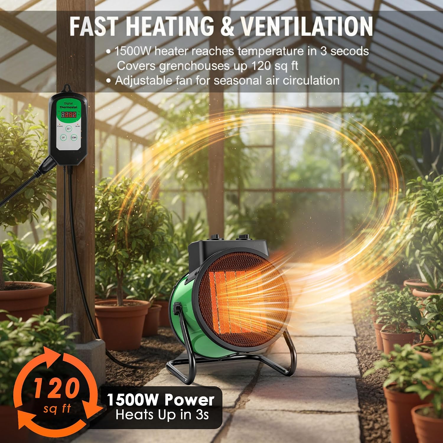 Dreyoo Greenhouse Heater providing fast heating and ventilation