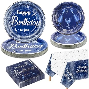 Navy Blue and Silver Birthday Party Decorations for 20 Guests Navy Blue Tableware Set Includes Blue Paper Plates Happy Birthday Tablecloth Napkins for Men Women Birthday Party Decor