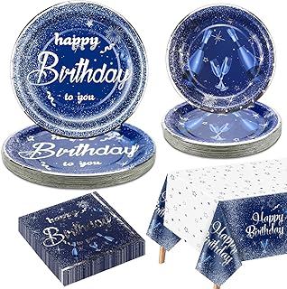 Navy Blue and Silver Birthday Party Supplies for 20 Guests, Navy Blue Tableware Set Includes Blue Paper Plates, Happy Birthday Tablecloth, Napkins for Men Women Birthday Party Decorations