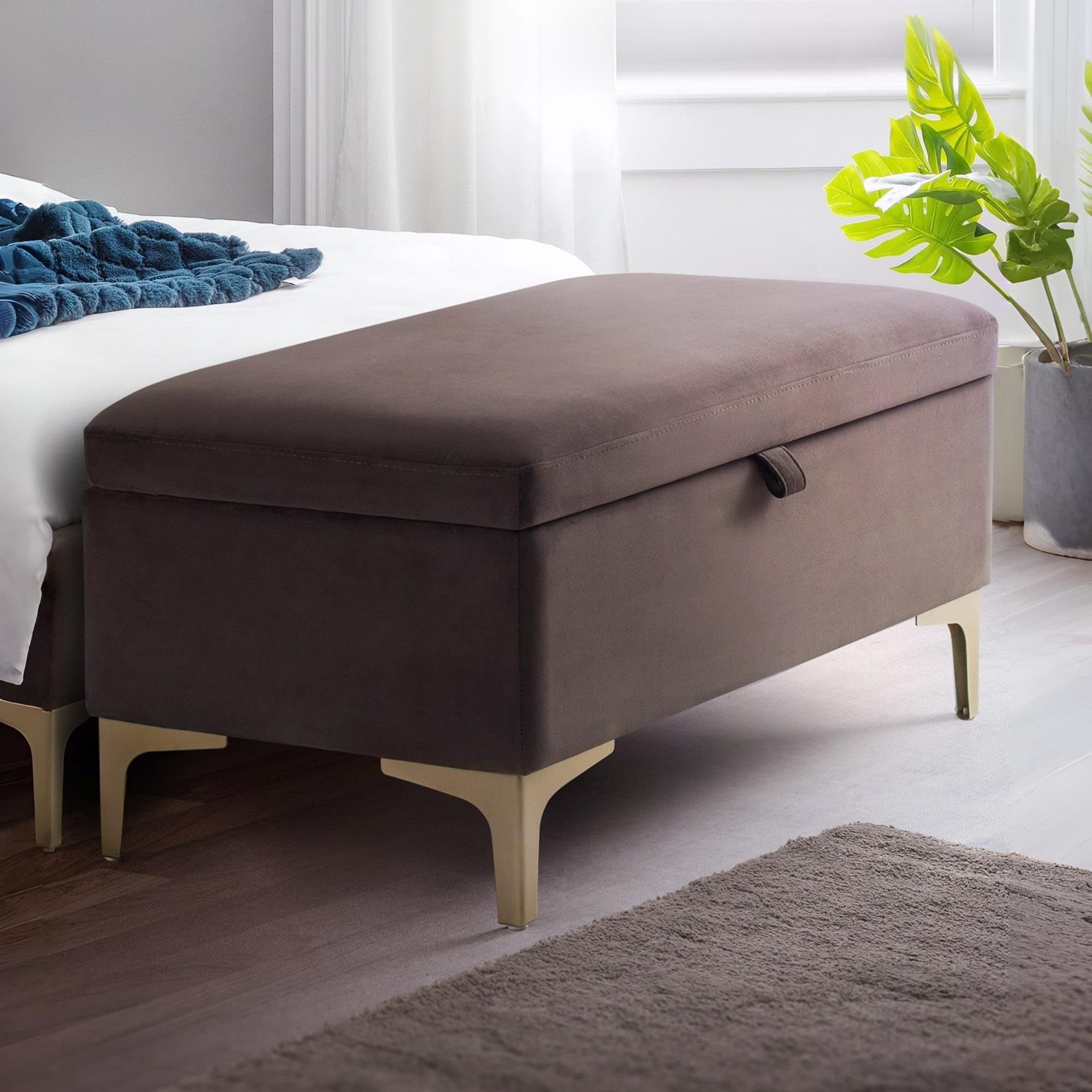 Julian Bowen Deco Storage Bench for 2, Velvet, Truffle Grey - H43 x W130cm