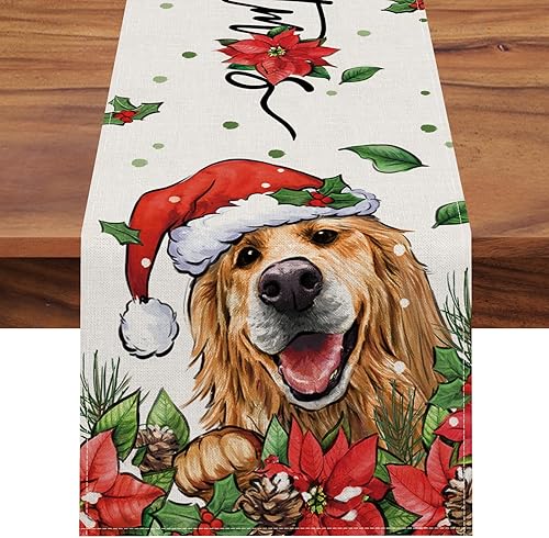 Seliem Camino de mesa de perro Golden Retriever de Feliz Navidad, cachorro de Pascua de bayas rojas, decoración de mesa de comedor, decoración de