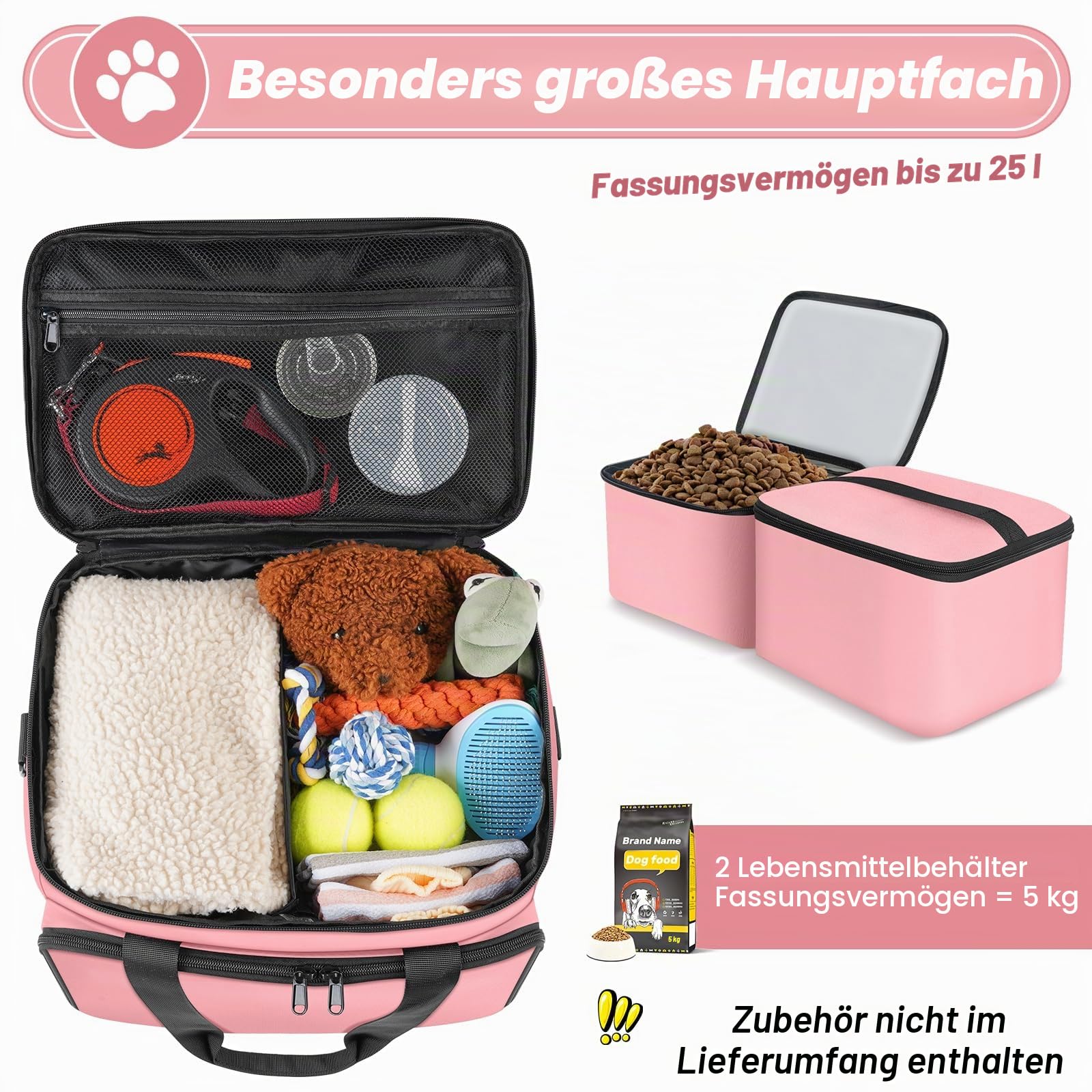 Set mit 6 Hundetaschen, enthält 2 Futterbehälter, 1 Hunde-Reise-Organizer, 2 Faltbare Näpfe, 1 Leckerli-Tasche, Rosa, Haustier-Reisetasche