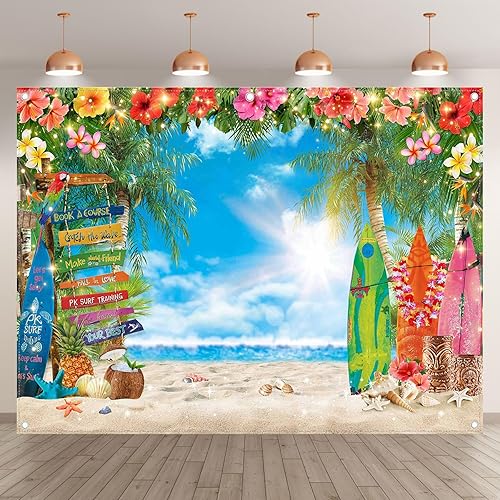 Miniatura 2 de YCUCUEI Fondo de fotografía de playa hawaiana de verano de 8 x 6 pies, flores tropicales, hojas de palma, fondo de tabla de surf para Luau Aloha