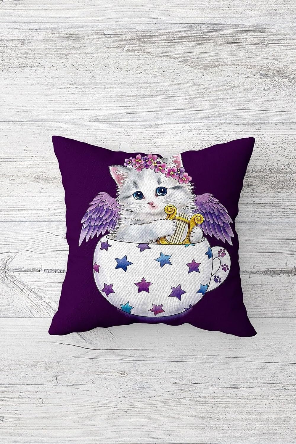Pelangi Fincanda Sevimli Kedi Çift Tarafı Baskılı Gizli Fermuarlı Yastık Kılıfı Kırlent Koltuk Yastık Kılıfı, mor 45 x 45