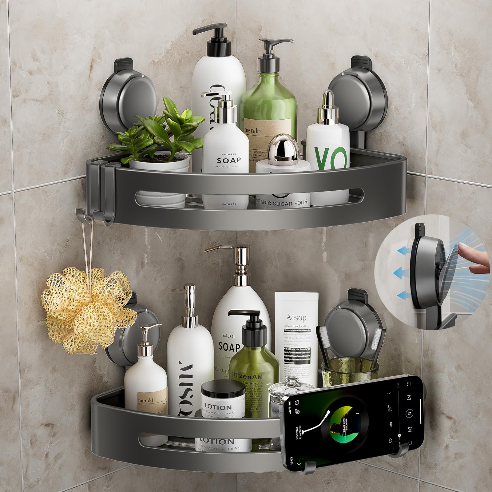 ONXE Corner Shower Caddy Suction Cup Shower Shelves with Hooks No Drilling Powerful Upgrade Suction Bathroom Corner Organizers