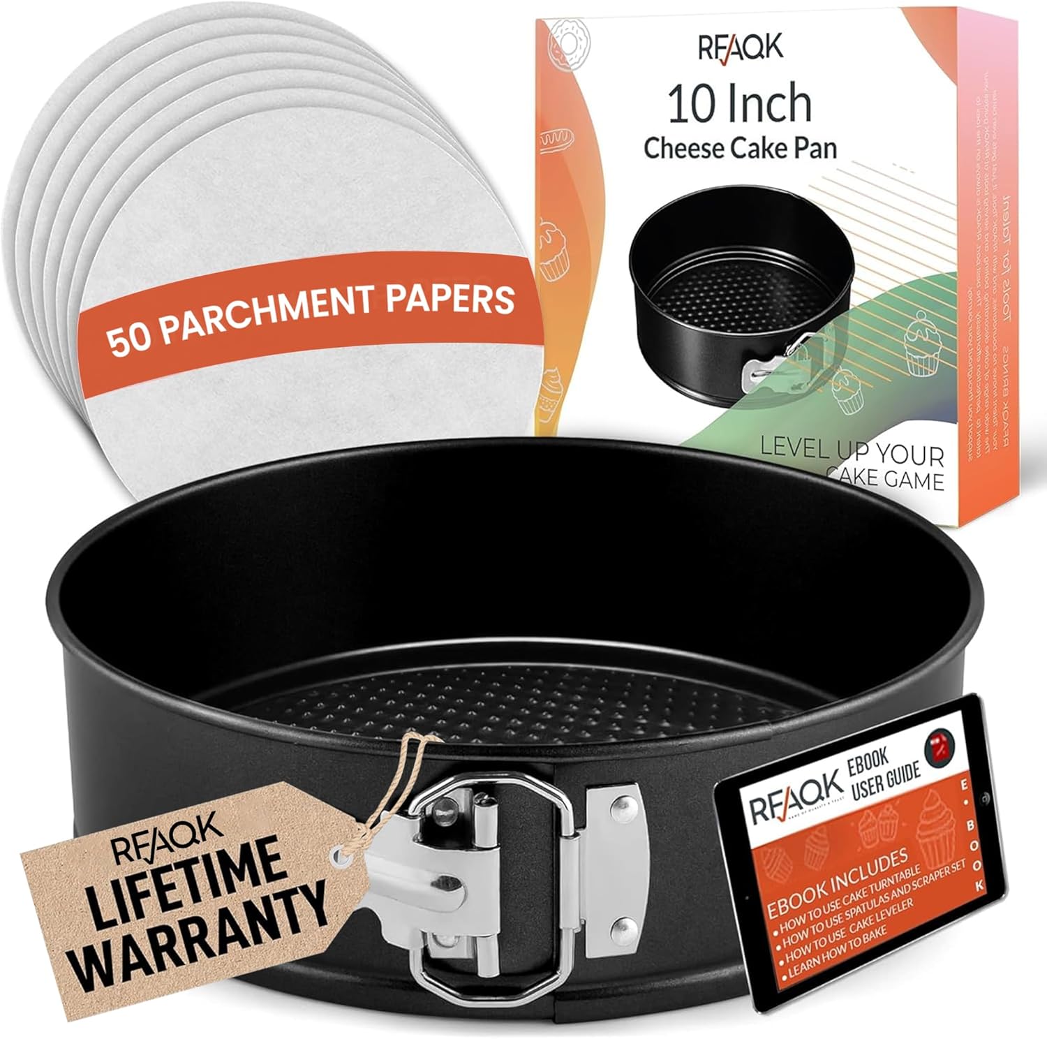 RFAQK 10 Inch Nonstick Springform Pan with Removable Bottom - LeakProof Cheesecake Pans with 50PCs Parchment Papers & Bonus Recipe e-Book - Perfect Baking Every Time
