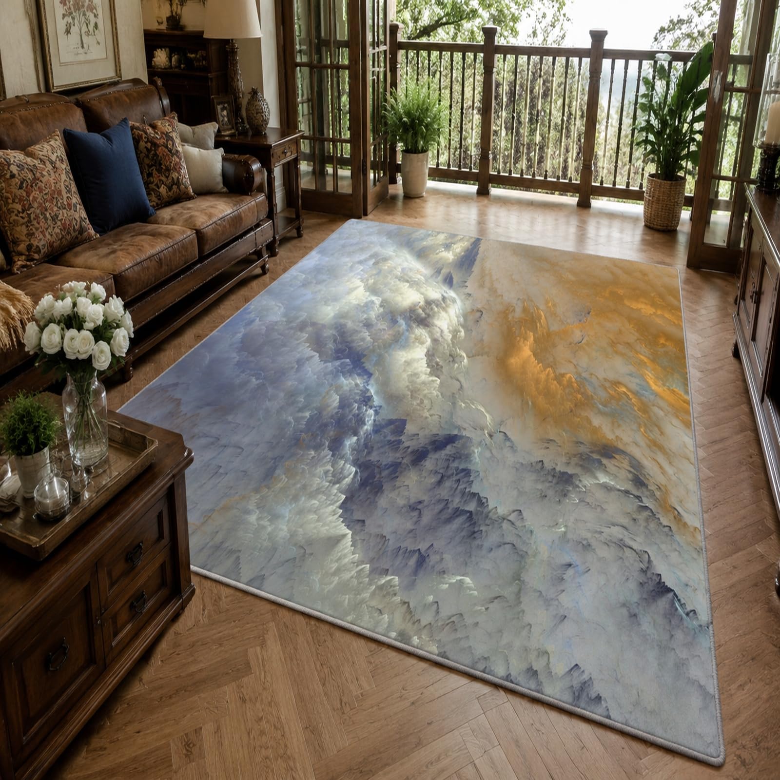 Tapis moderne rectangulaire jaune et bleu pour grand salon chaleureux