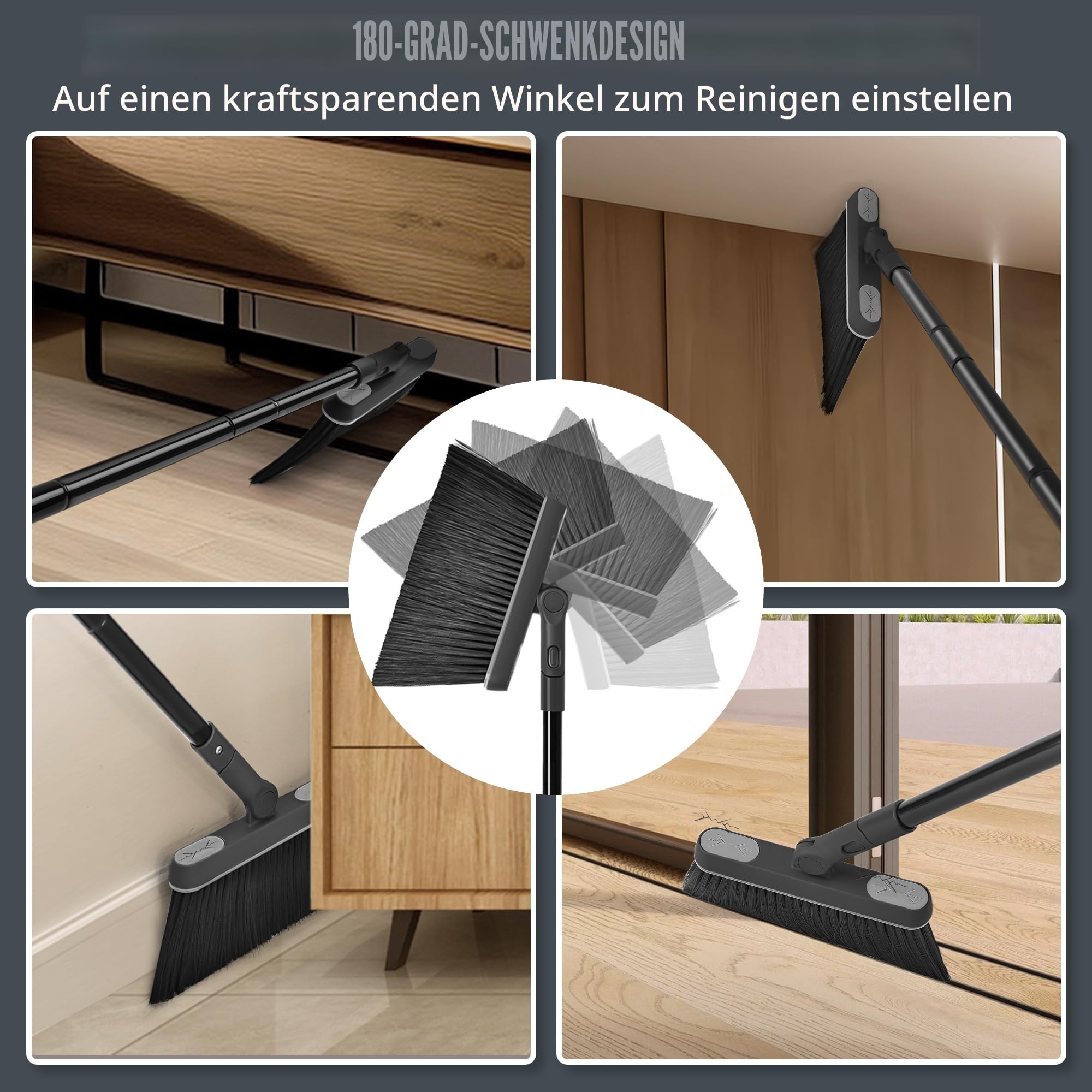 JEHONN Besen und Kehrschaufel Set mit Langem Stiel 138 cm, 180 Grad Drehbar Camping Kehrbesen Innen und Schaufel für Vorzelt, Haus, Büro, Lobby, Terrasse (Schwarz & Grau)