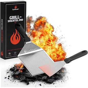 Grill Spatula Set of 2 Professional Stainless Steel [Test Winner 95/100] - XL Burger Spatula for Smash Burgers Plancha & Teppanyaki + 20 x Non-Stick Paper Barbecue Gift