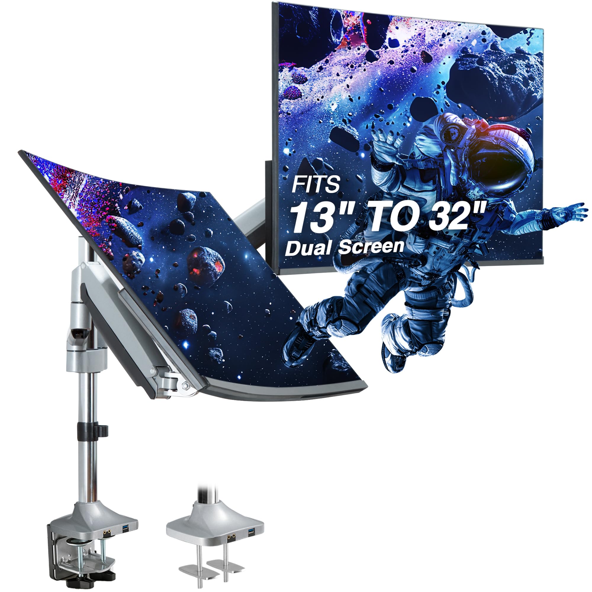 AVLT Dual 13"-32" Monitor Arm Desk Mount fits Two Flat/Curved Monitor Full Motion Height Swivel Tilt Rotation Adjustable Monitor Arm - Extra Tall Pole/VESA/C-Clamp/Grommet/Cable Management