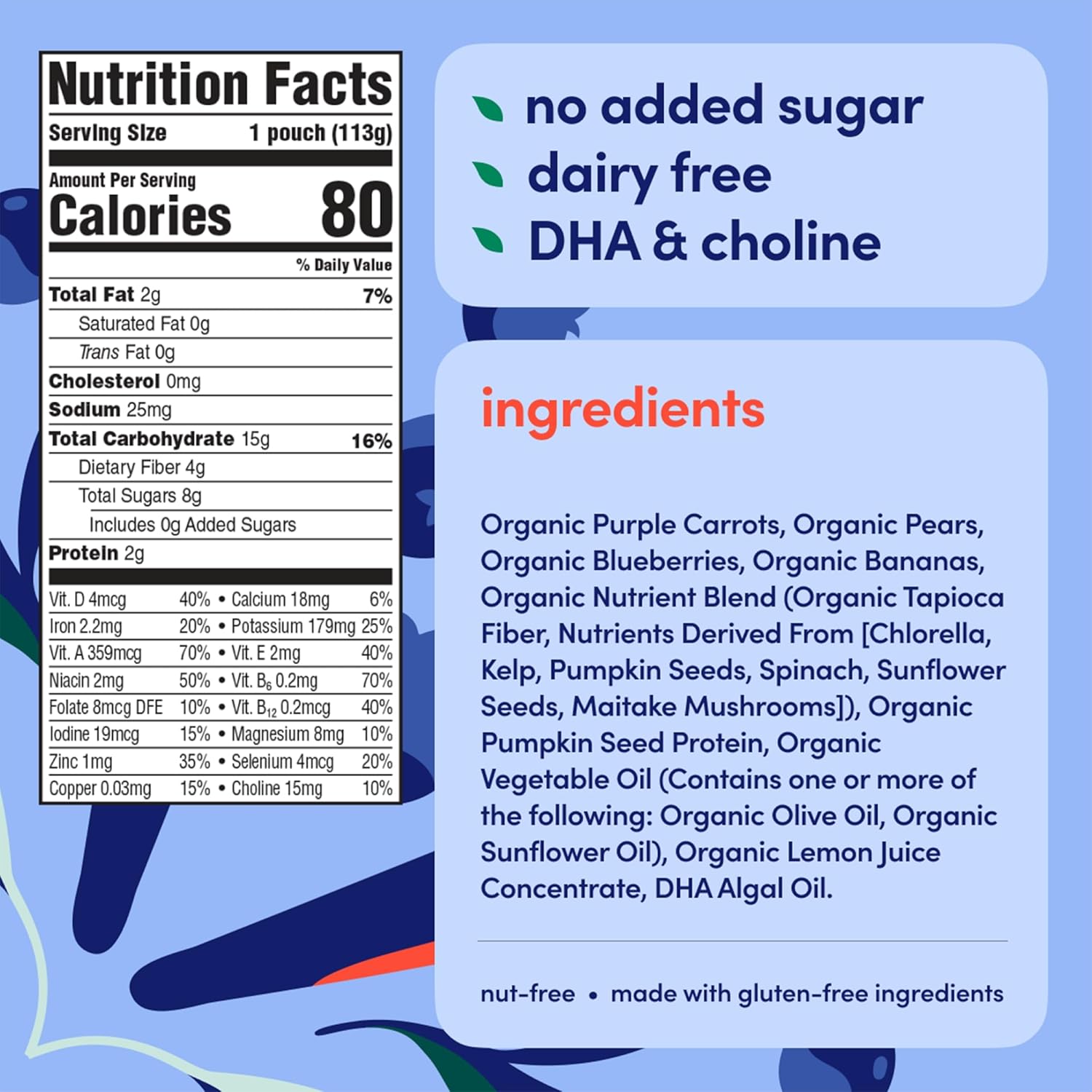 Cerebelly Organic Baby Food Pouches, Purple Carrot Blueberry Dairy-Free Smoothies, 16 Nutrients, No Added Sugar, Fiber & Non-GMO, 4oz, 12 Pack