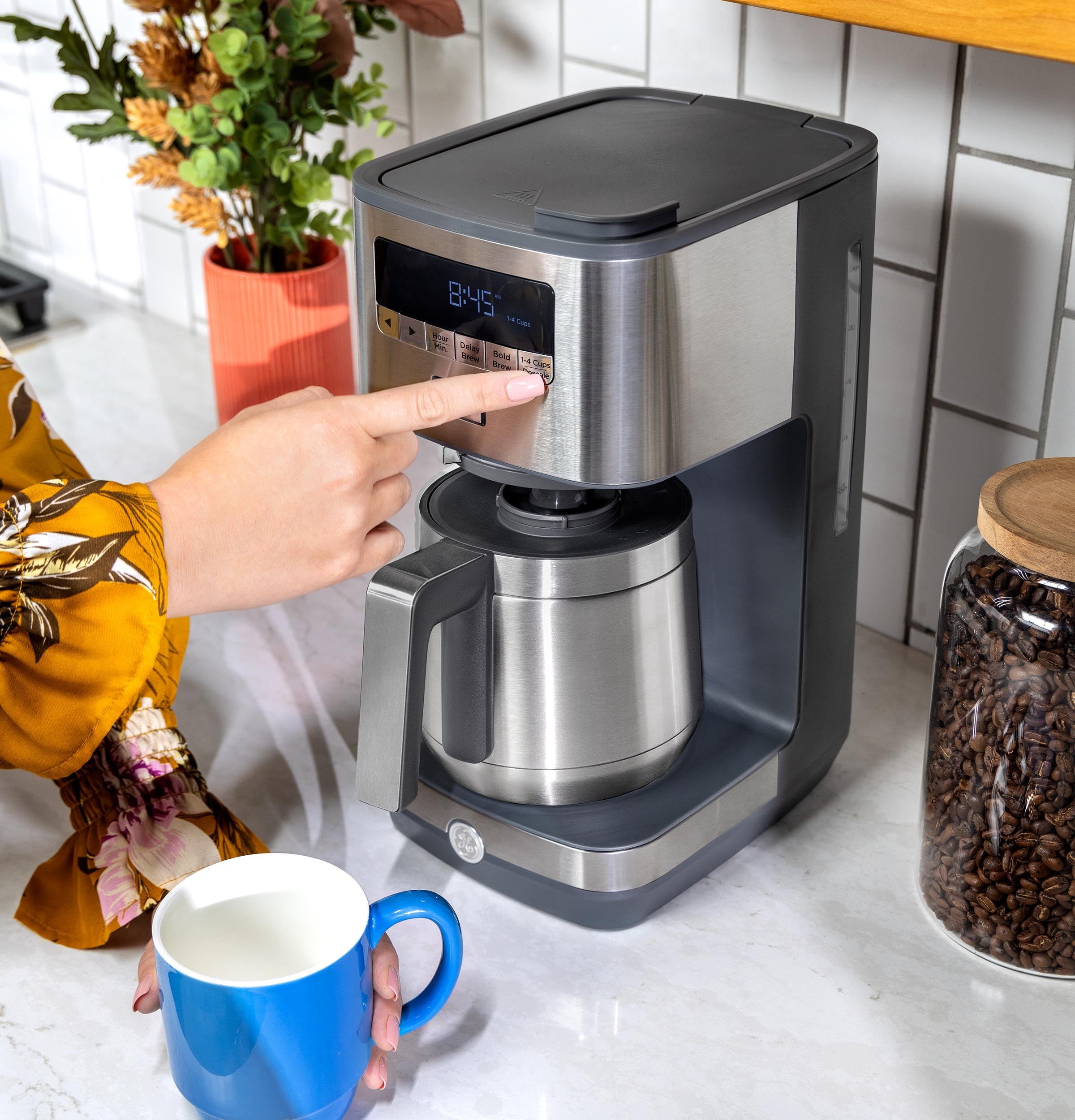 GE Drip Coffee Maker With Timer | 10-Cup Thermal Carafe Coffee Pot Keeps Coffee Warm for 2 Hours | Adjustable Brew Strength | Wide Shower Head for Maximum Flavor | Kitchen Essentials | Stainless Steel | 24-hour programmable auto brew, adjustable strength,