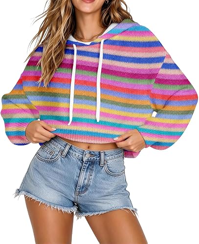 ASUIU Rainbow Striped Cropped Hoodies for Women Cute Knit Fall Sweatshirt