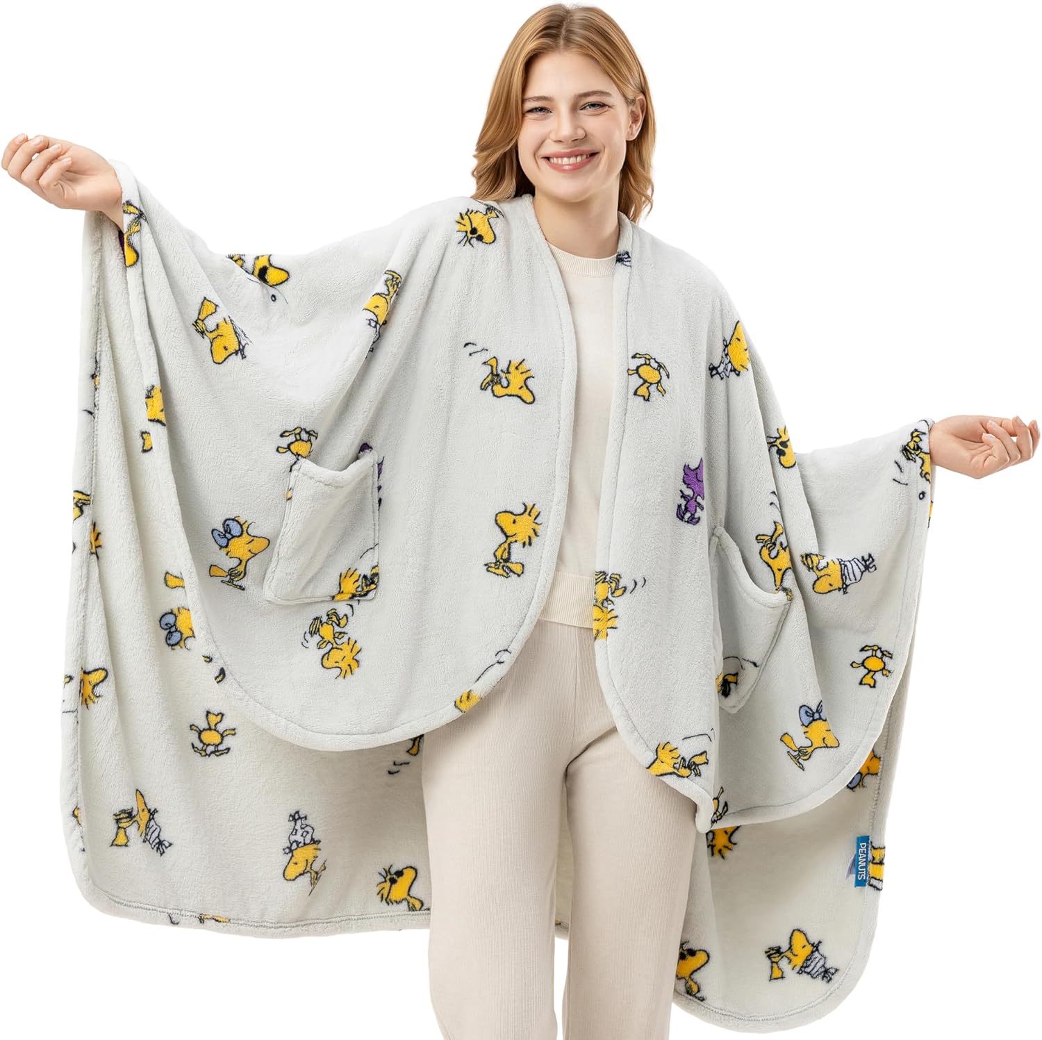 Berkshire Peanuts® Wearable Throw – Snoopy Print PrimaLush™ Plush Shawl Blanket, 58" x 64"
