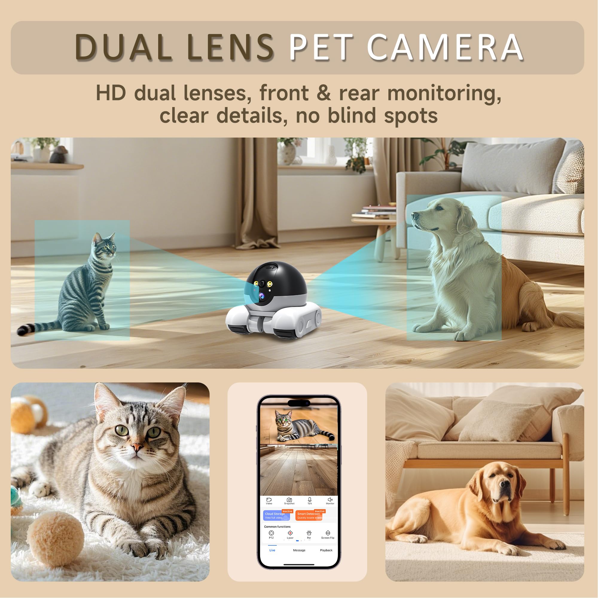 Pet Camera, 1080p Security Camera for Home, Movable Robot Pet Cam Indoor with Phone App, Wireless Dog/Cat/Baby Monitor WiFi Version+32G SD Card, 2-Way Talk, Night Vision, Motion Detection