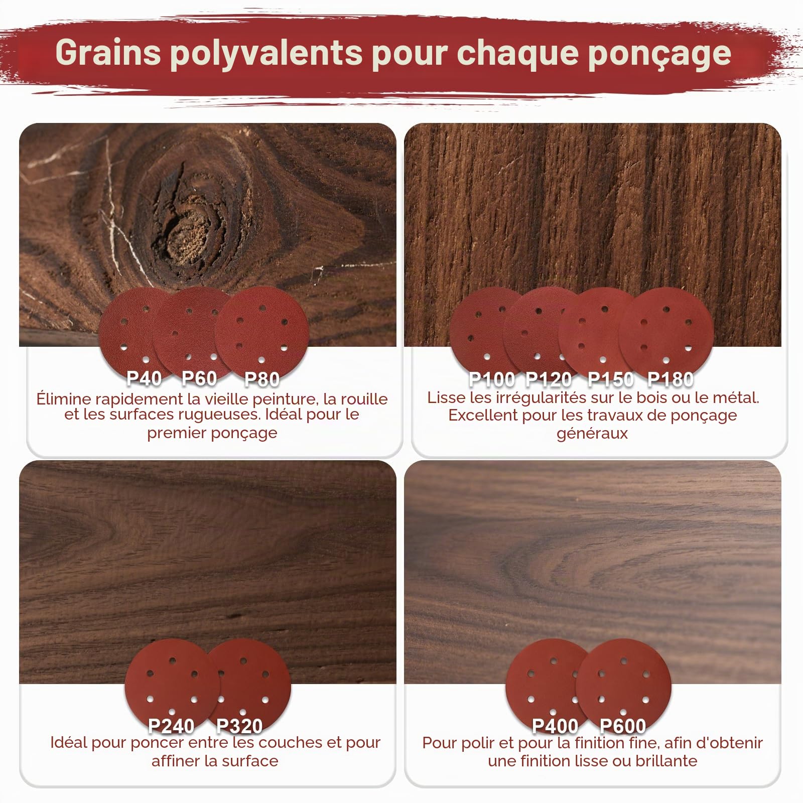100 Pièces Disque Poncage 150mm, 6 Trous Disque Abrasif Grain P60 P80 P120 P240 P320 pour Poncer Polir Dérouiller pour Ponceuse Excentrique