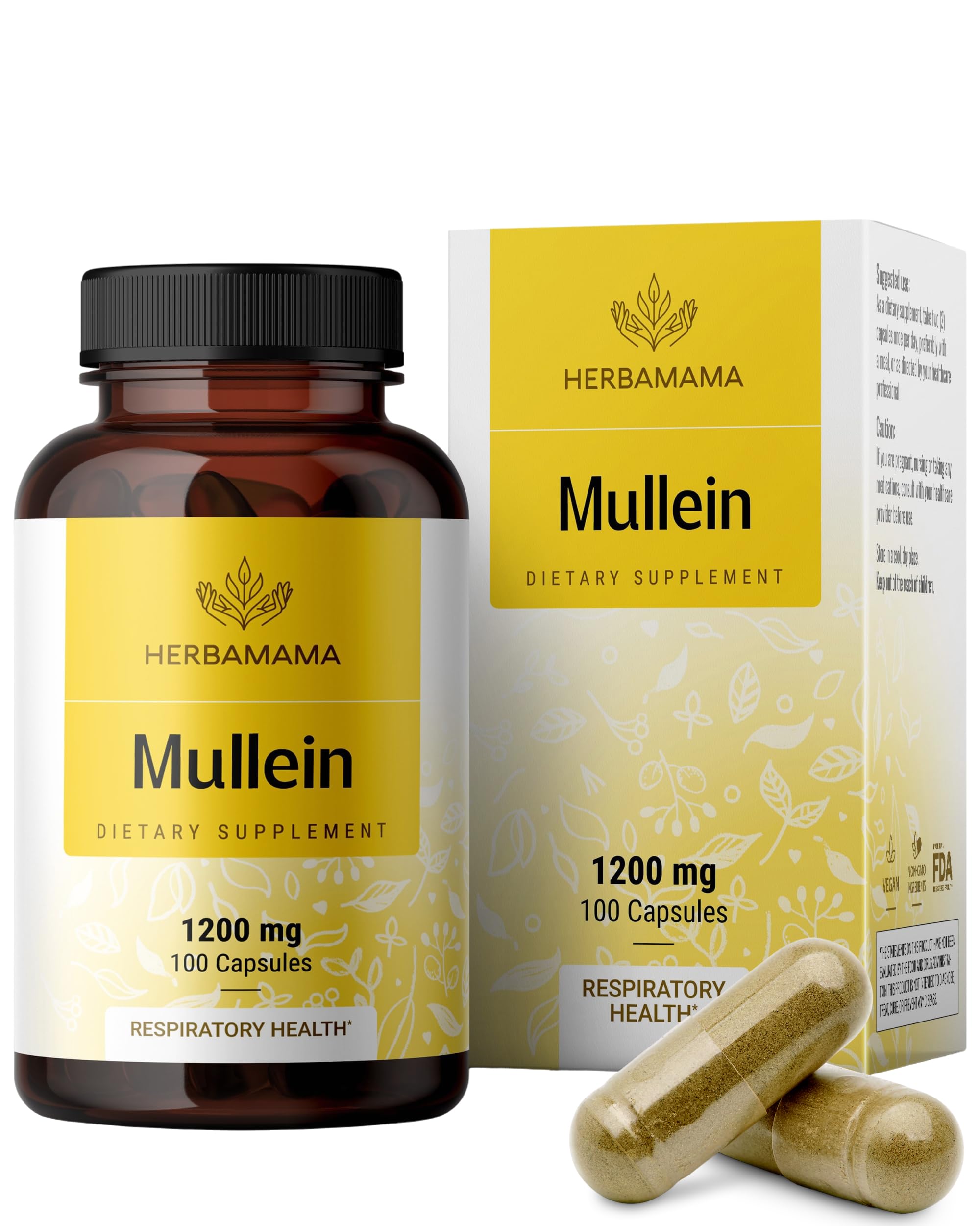 HERBAMAMA Mullein Leaf Capsules - 1200mg Mullein Leaf Extract for Lung Detox Support - Vegan, Non-GMO Respiratory Lung Cleanse Supplement