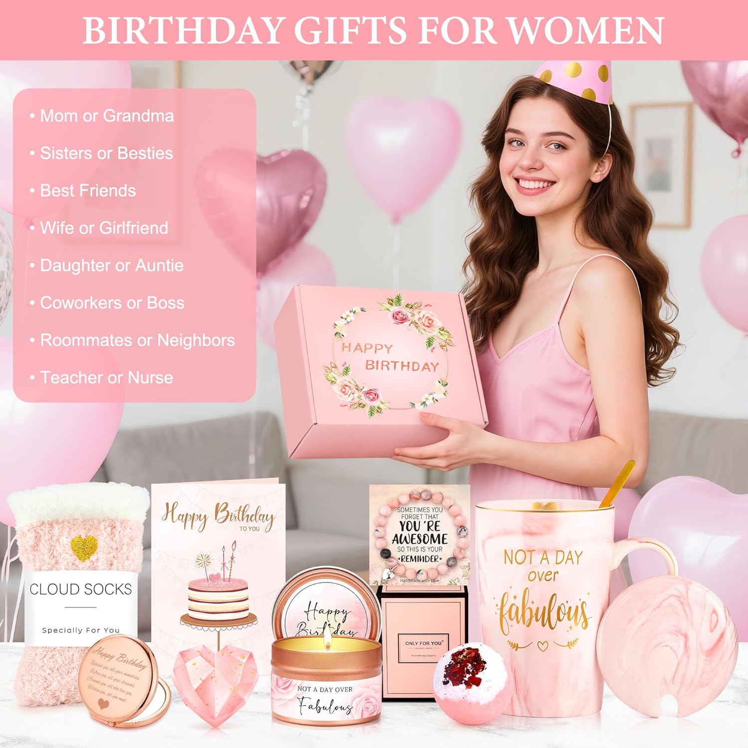 Birthday Gifts for Women Happy Birthday Gift Baskets for Women Unique Not A Day Over Fabulous Mug Gift ideas Pink Gifts Box Set Presents for Her Friends Mom Sister Wife Coworkers Daughter Aunt Mom - Image 8