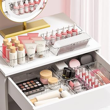 16 Pcs Clear Extendable Drawer Organizer, Adjustable Drawer Storage 3-Size Desk Drawer Organizer, Plastic Non-Slip Storage Bins for Makeup, Cosmetic, Jewelries, Utensils, Stationery, Dressers
