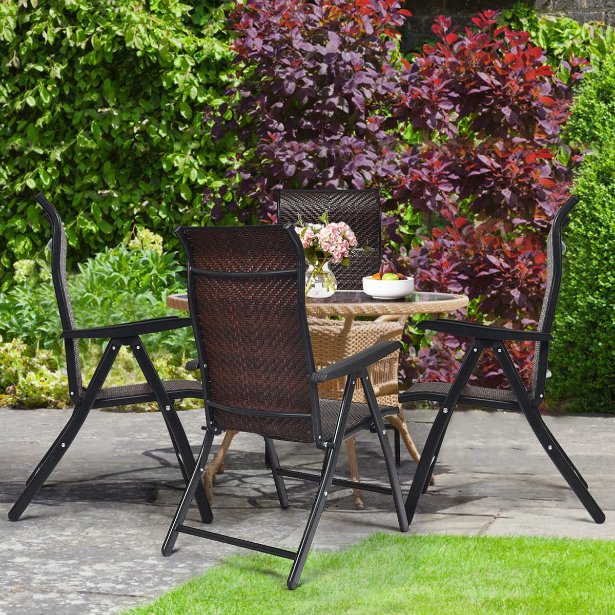GIANTEX Set di 2 sedie da giardino in rattan con schienale regolabile, sedia pieghevole da giardino, sedia da pranzo, ergonomica, con braccioli, per giardino, balcone