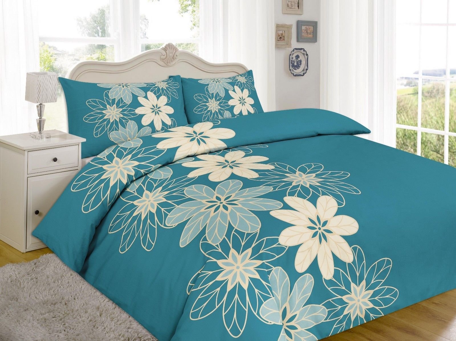 Excellent Hotel Quality Single Floral Teal Design Duvet Cover Set Bedding Set with pillowcases - Single Size