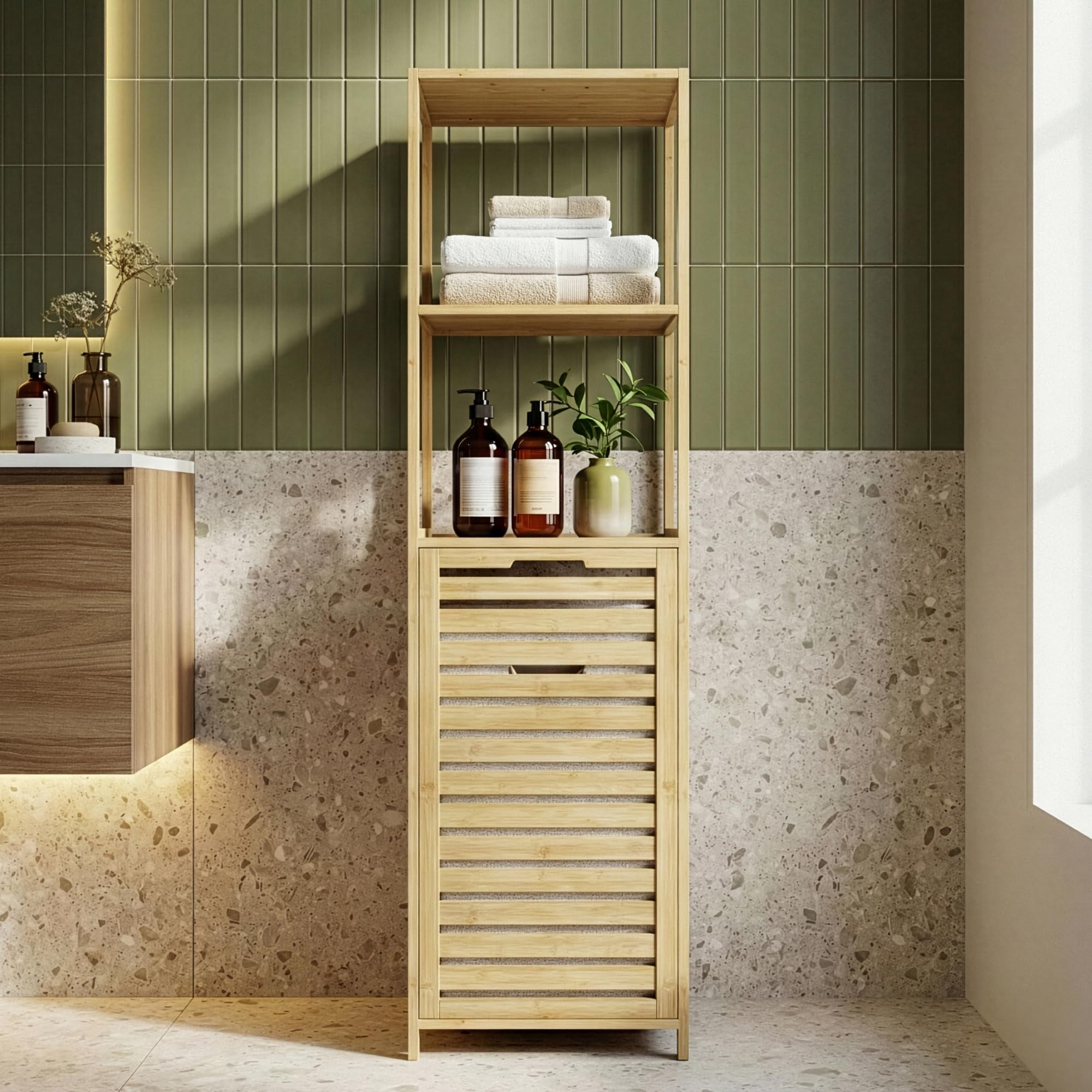 [en.casa] Mueble de Baño Anun Estantería con Cesto para Ropa Sucio Mueble Auxiliar Armario Midi para Cuarto de Baño Dormitorio Bambú 130 x 36 x 33 cm - Natural/Beige