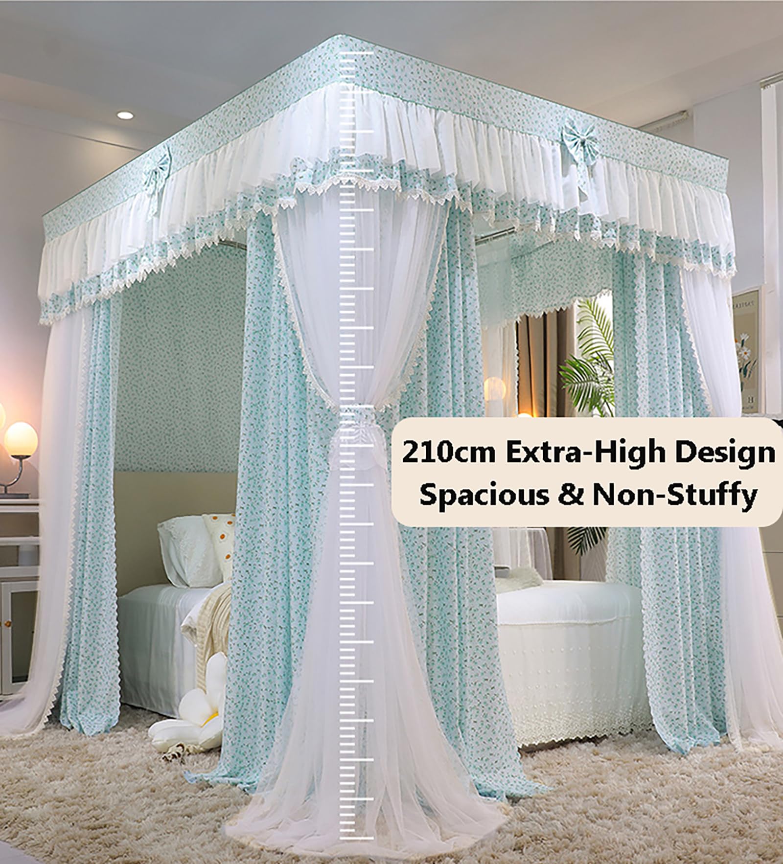 Himmelbett mit 4-Pfosten-Design und Gestell • Prinzessinnen-Moskitonetz für Mädchenzimmer, doppellagiger Himmel mit Vorhängen, passend für Doppel-/Kingsize-/Super-Kingsize-Betten (Größe: 1,5