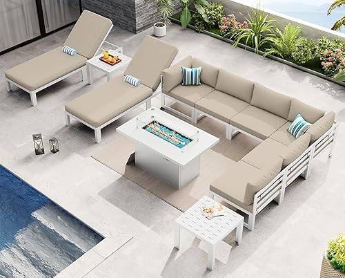Miniatura 873 de NICESOUL 7 Piece White Powder-Coated Aluminum Patio Furniture with Fire Pit Table, 29 Inch Extra Wide Outdoor Sectional Sofa for 6, High-End Heavy