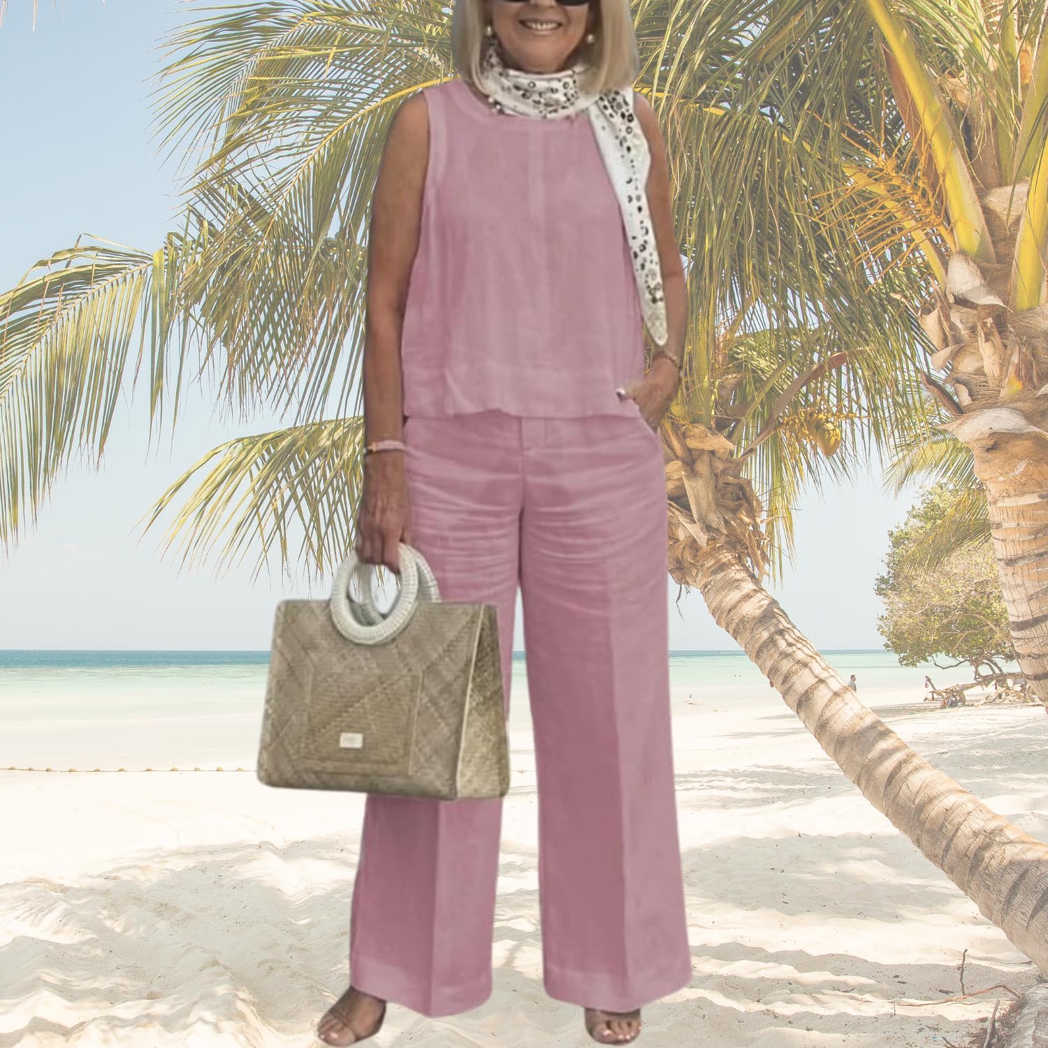 2 Piece Linen Set for Women Solid Color Tank Top and Wide Leg Pants Suits Dressy Matching Sets with Pockets