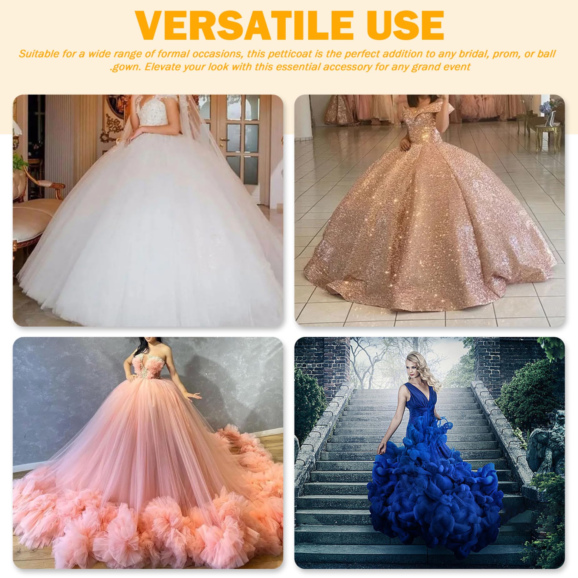 Jupon Jupe 6 Cerceaux Jupon Tulle 43 Pouces de Long Jupons pour Femmes sous la Robe Jupe de mariée réglable pour Robe Bal Mariage Cérémonie Bal..