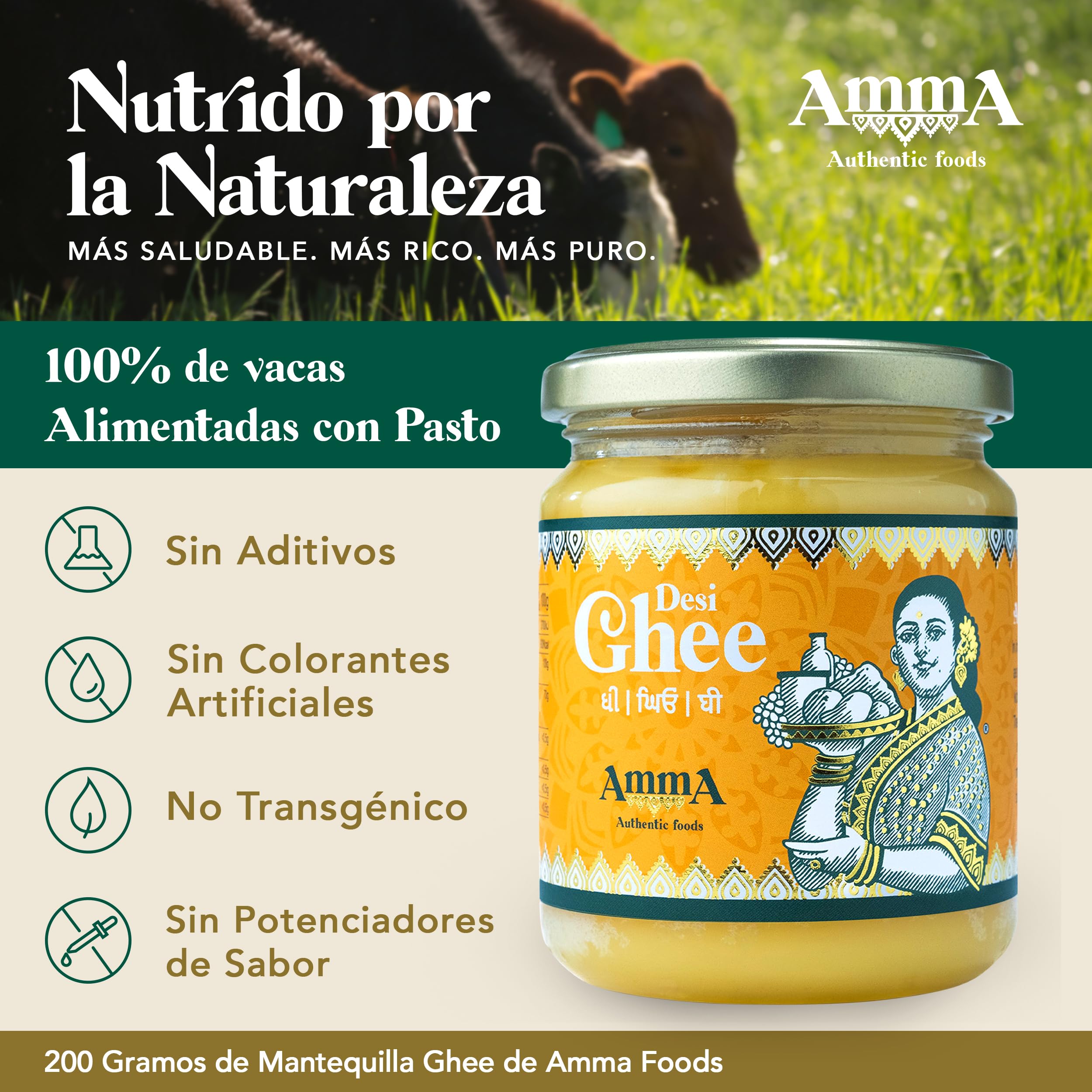 Amma Authentic Foods Ghee Mantequilla Clarificada 400g Apto para Keto y Paleo