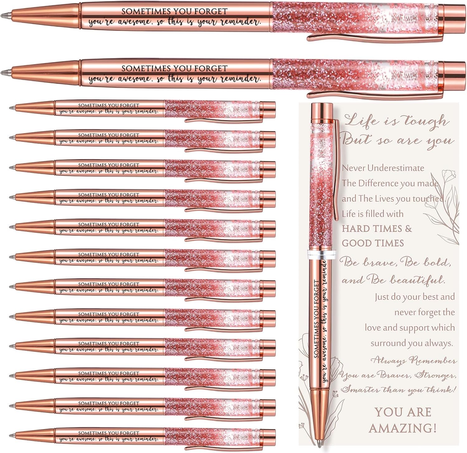 Supervitae 15 Set Valentine's Day Motivational Pens for Women Bulk Rose Gold Inspirational Positive Quote Ballpoint Pens with Card Tie for Secret Sister Gift Teacher Student Employee
