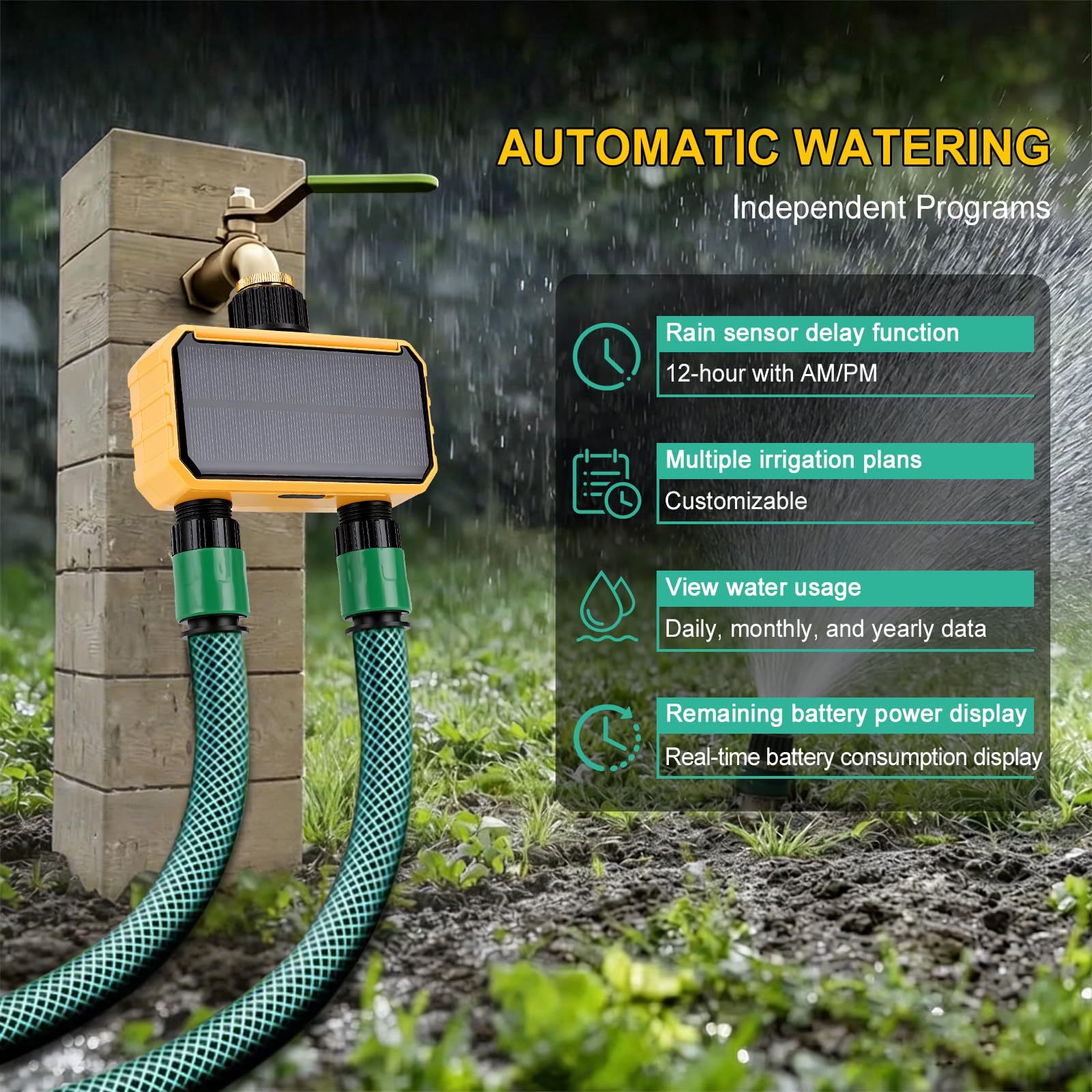 Smart Programmateur Arrosage WiFi 2 Voies, Solaire y Batterie Intégrée, Contrôleur d'irrigation Automatique à Distance Wi-FI pour Plantes D'intérieur, Jardin