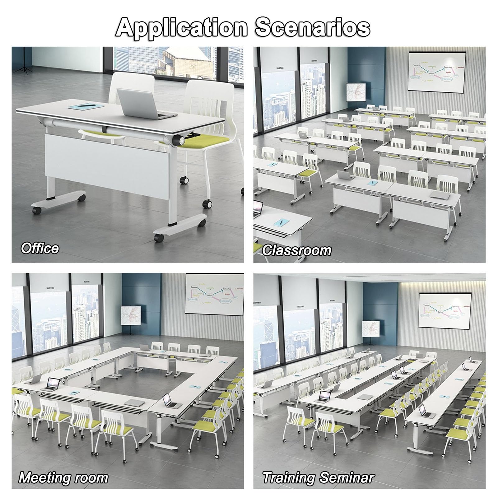 Klappbarer Konferenztisch für Konferenz- und Trainingsräume, großer Seminartisch mit dicker Tischplatte und stabilem Stahlrahmen, mobiler Klapptisch, Bürotisch (Weiß, 160 x 61 x 76,2 cm)