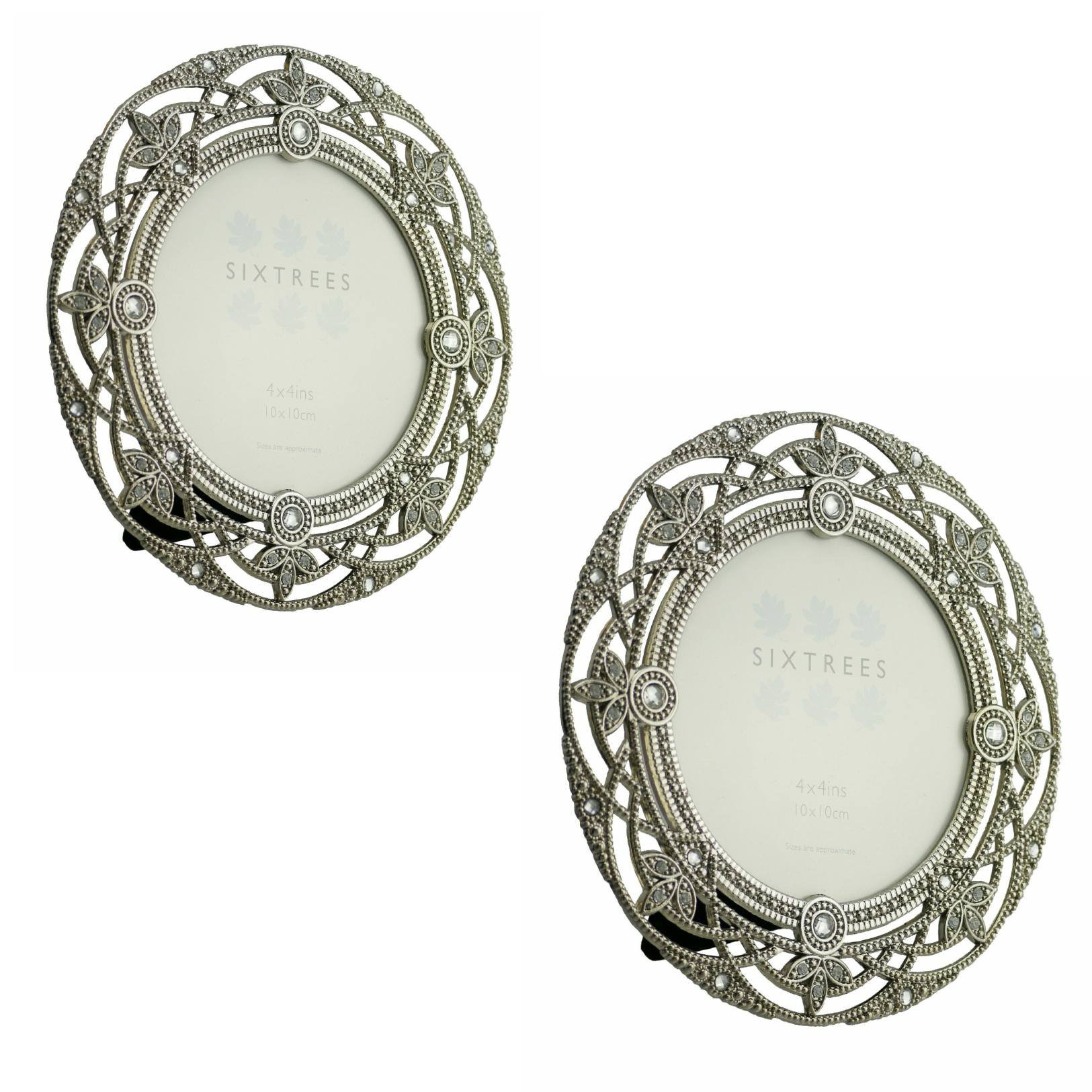 SixtreesA TWINPACK of Antique Vintage and Shabby Chic Style silver metal photo frames with beads and crystals for a 4" (102mm diameter) picture - Helena